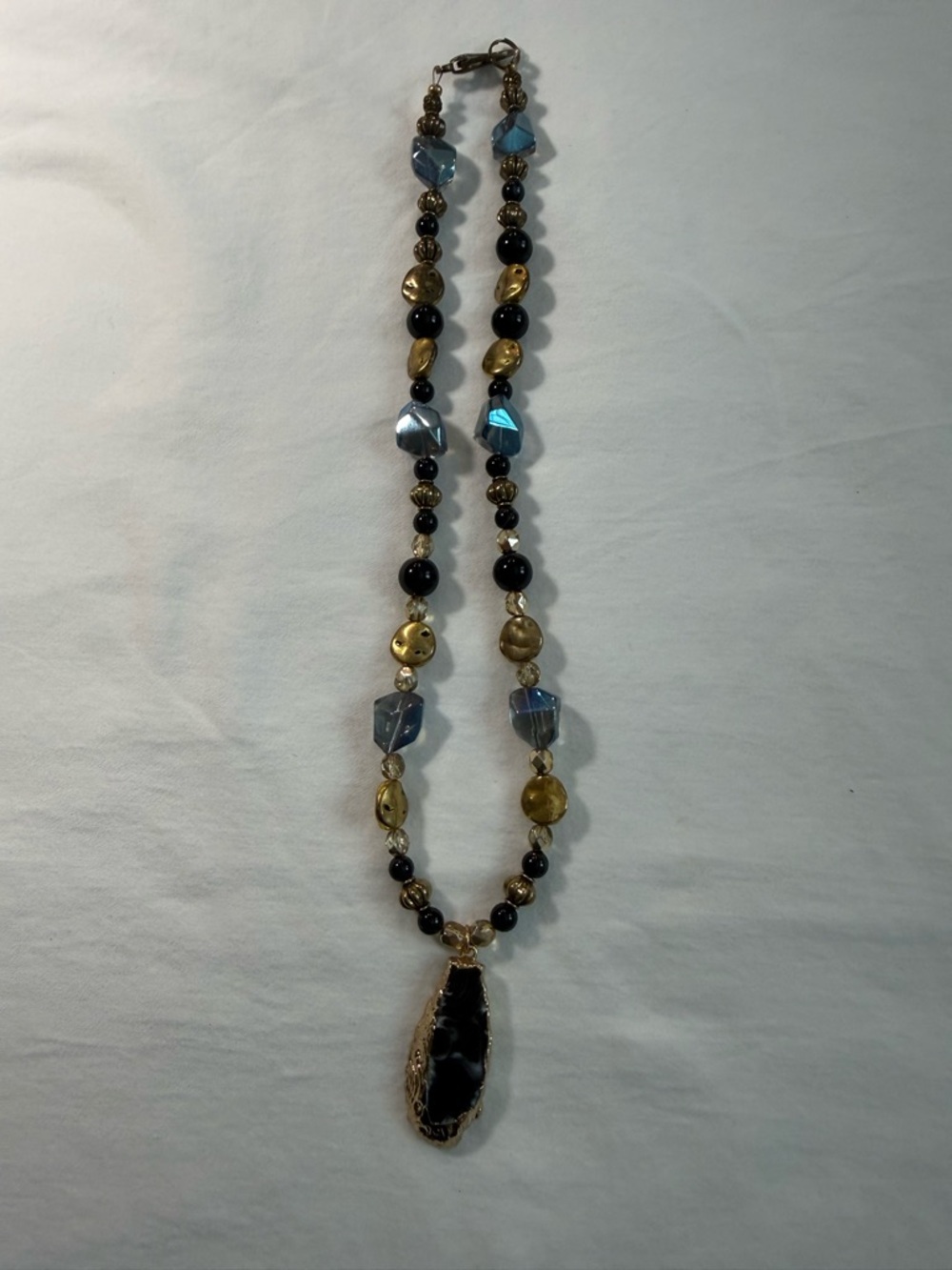 Handcrafted Gold-Tone and Black Beaded Pendant Necklace